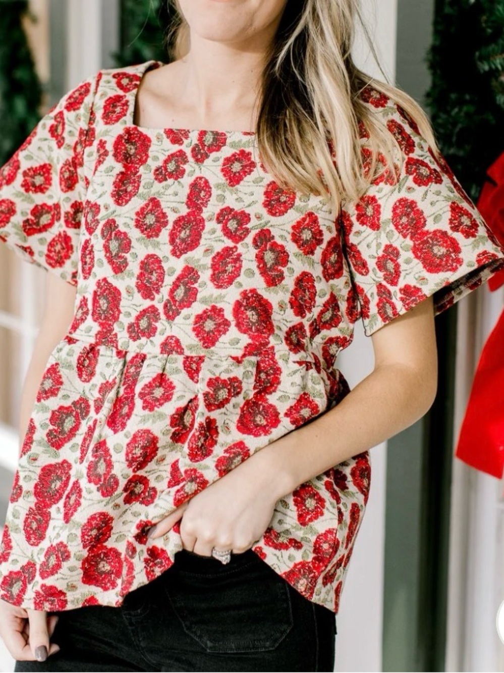 Red Floral Brocade Square-Neck Peplum Top XL